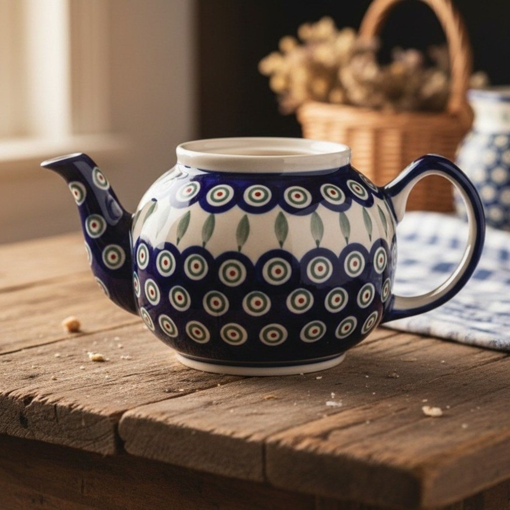 Boleslawiec Polish Pottery Teapot Painted Peacock Pattern No Lid